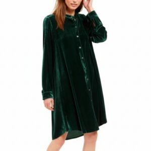 Eileen Fisher luxurious Silk Velvet Emerald Green Shirt Dress Tunic Small